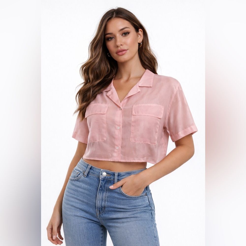 Lou & Grey Cotton Silk Cropped Button Down Pink Top Shirt Women Sz L Sheer